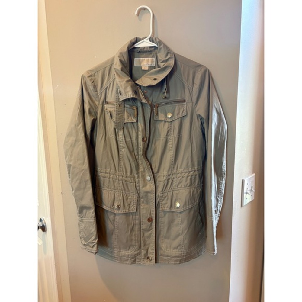 Michael Kors Womens‎ XS Khaki Tan Utility Field Jacket Monogram Lining Gold Zip